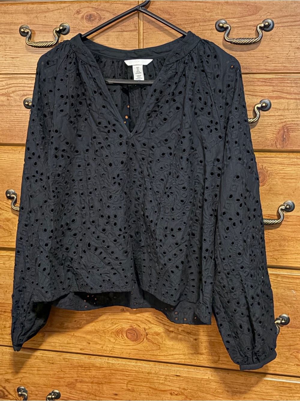 H&M Black Eyelet V-Neck Long Sleeve Blouse